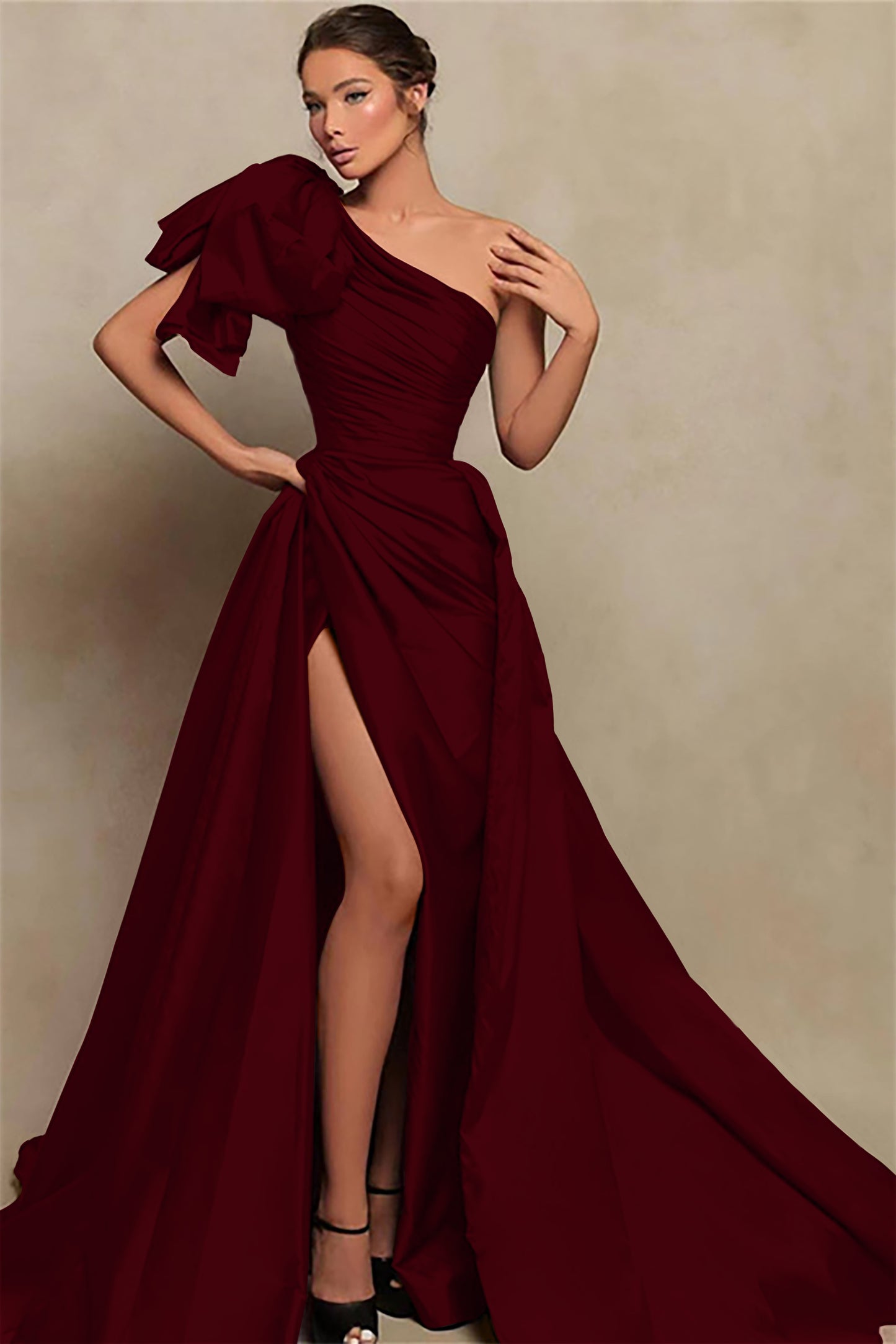 Vintage Burgundy One-Shoulder Mermaid Prom Dress With Slit ED0415