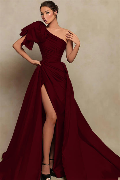 Vintage Burgundy One-Shoulder Mermaid Prom Dress With Slit ED0415