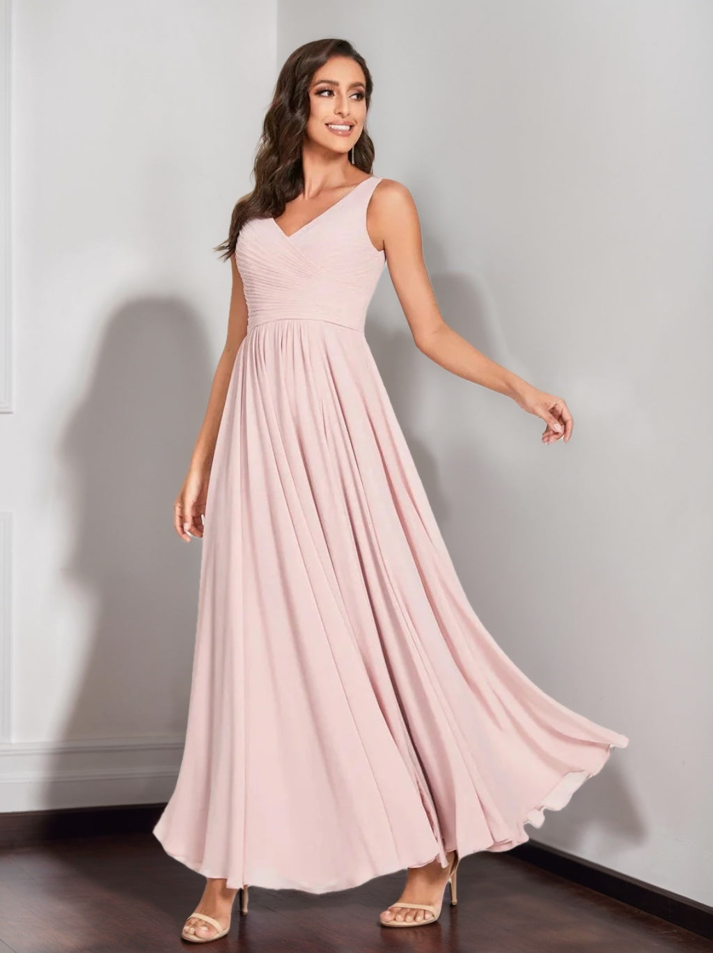 A-Line/Princess Chiffon V-Neck Sleeveless Floor-Length Bridemaid Dresses With Pleats