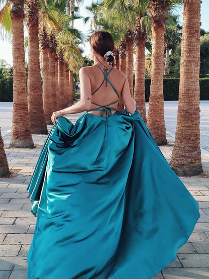 Dark Green Spaghetti-Straps Prom Dress With Split PD0170