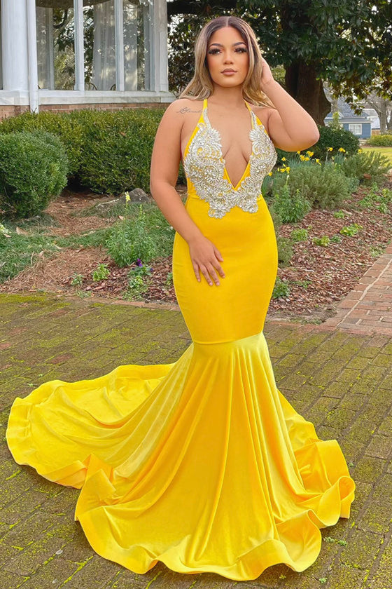 Yellow Halter V-Neck Mermaid Prom Dress With Applique PD0798