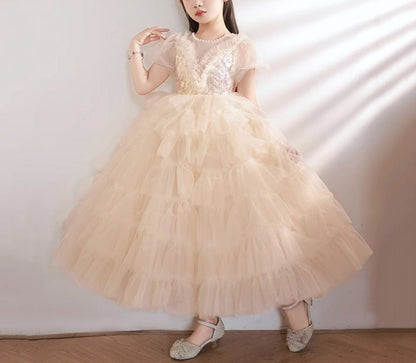 Ball Gown Short Sleeves Layered Girl Party Dresses with Rhinestone Appliques