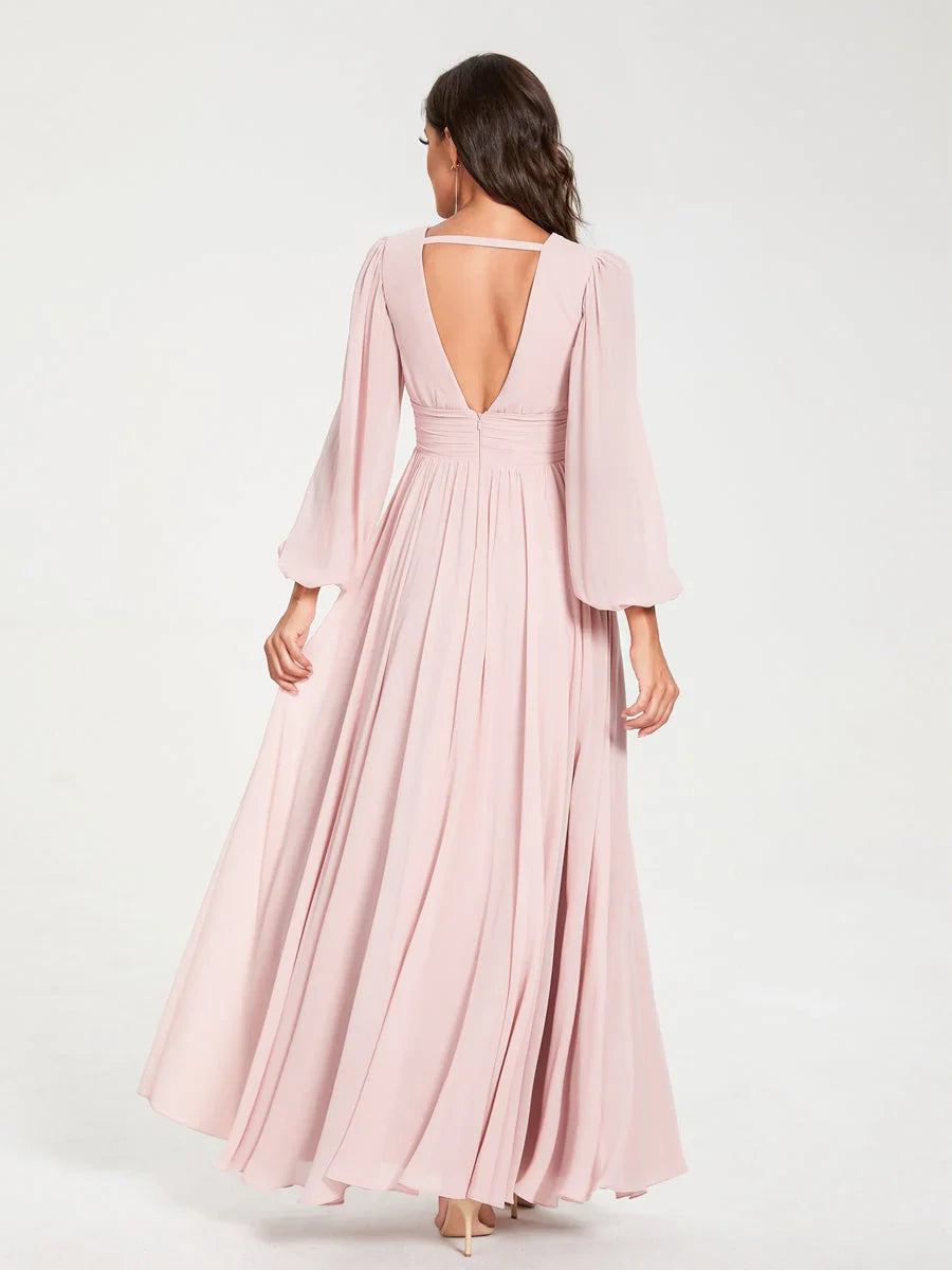 A-Line/Princess V-Neck Long Sleeves Floor-Length Bridesmaid Dresses with Pockets & Split Side