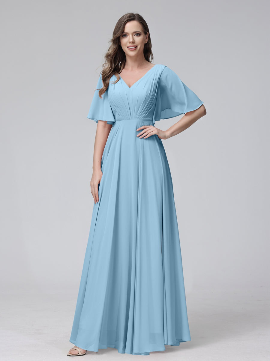 A-Line/Princess V-Neck Half Sleeves Floor-Length Bridemaid Dresses With Ruffles & Pockets