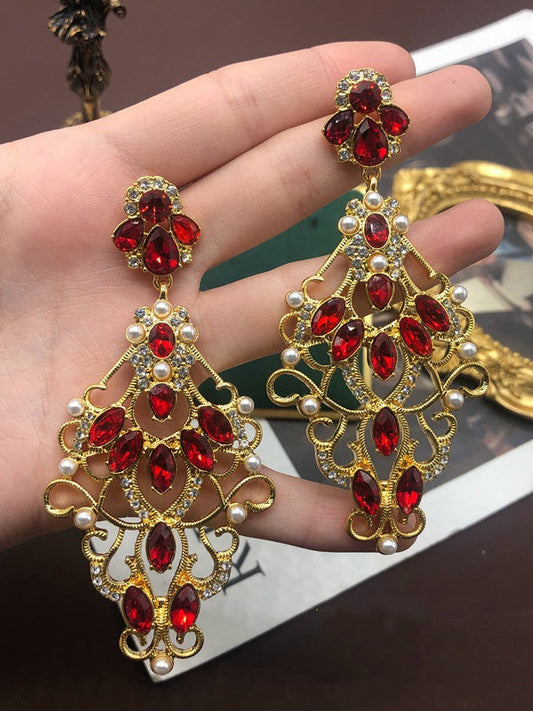 Hollow Carved Pattern Gemstones Light Luxury Gold-plated Shoulder-sweep Earrings