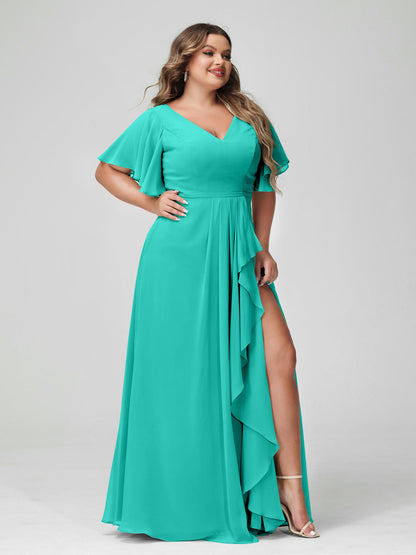 A-Line/Princess V-Neck Half Sleeves Chiffon Plus Size Bridesmaid Dresses with Split Side & Ruffles