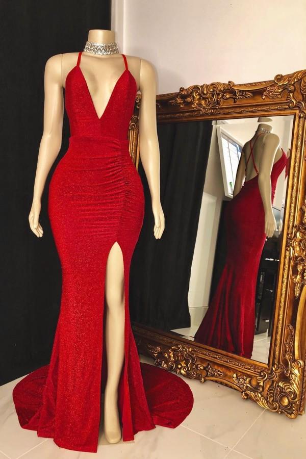 Red Halter Sleeveless Prom Dress With Split PD0112