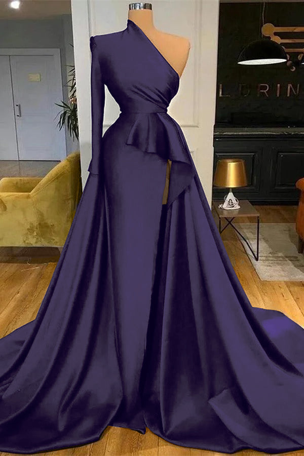 Dark Blue Long Sleeves Mermaid Long Prom Dress Split PD0685