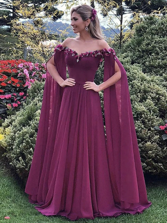 Off the Shoulder Purple Floral Long Prom Dresses, Purple Long Formal Evening Dresses  gh2330