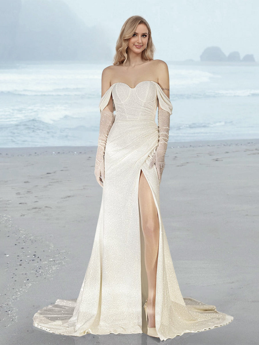 Sheath/Column Off-the-Shoulder Floor-Length Wedding Dress with Sequins & Split Side