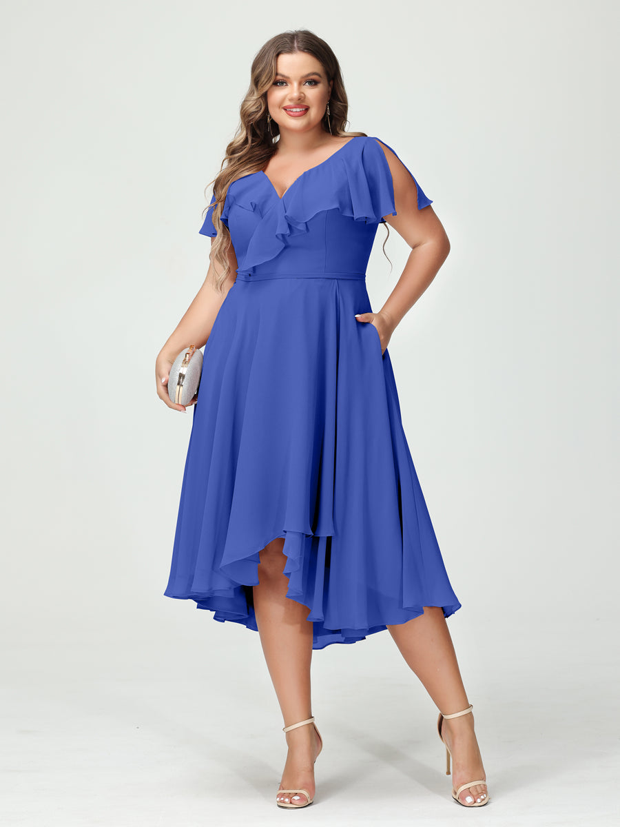 A-Line/Princess V-Neck Short Sleeves Chiffon High-Low Plus Size Bridesmaid Dresses with Pockets & Ruffles