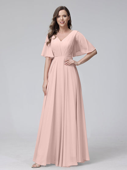 A-Line/Princess V-Neck Half Sleeves Floor-Length Bridemaid Dresses With Ruffles & Pockets