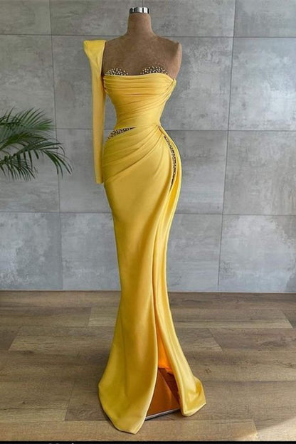 Yellow Asymmetrical Prom Dress With Beads PD0643