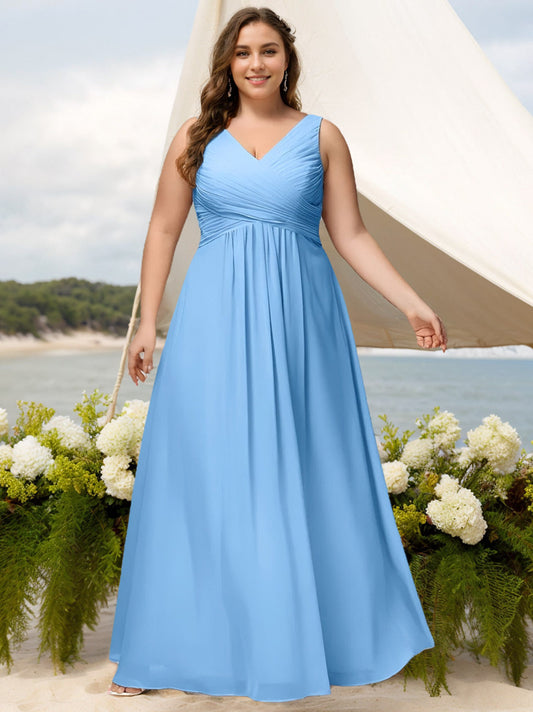 A Line/Princess Deep V-Neck Sleeveless Floor-Length Chiffon Plus Size Bridesmaid Dresses with Ruffles