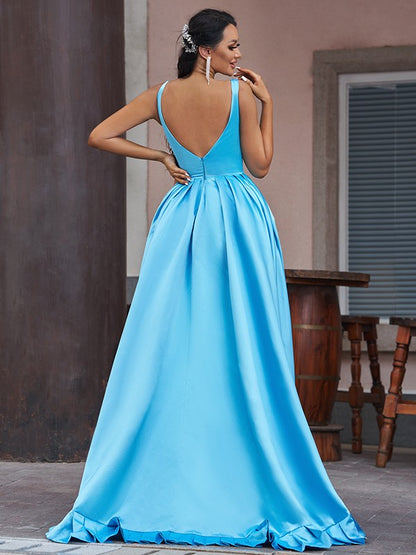 Ocean Blue V-Neck Sleeveless Prom Dress PD0214