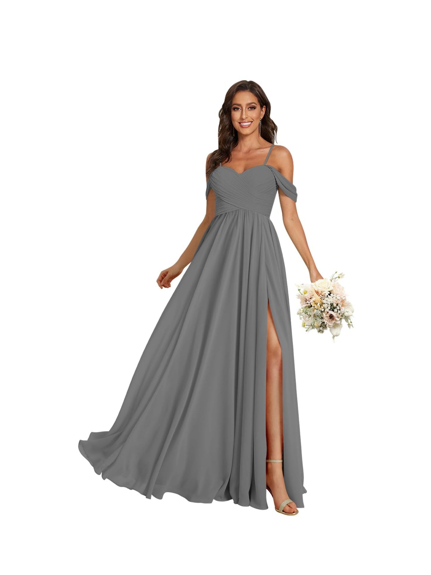 A Line /Princess Off Shoulder Sweetheart  Sleeveless Floor Length Bridesmaid Dresses Chiffon with Pockets Slit