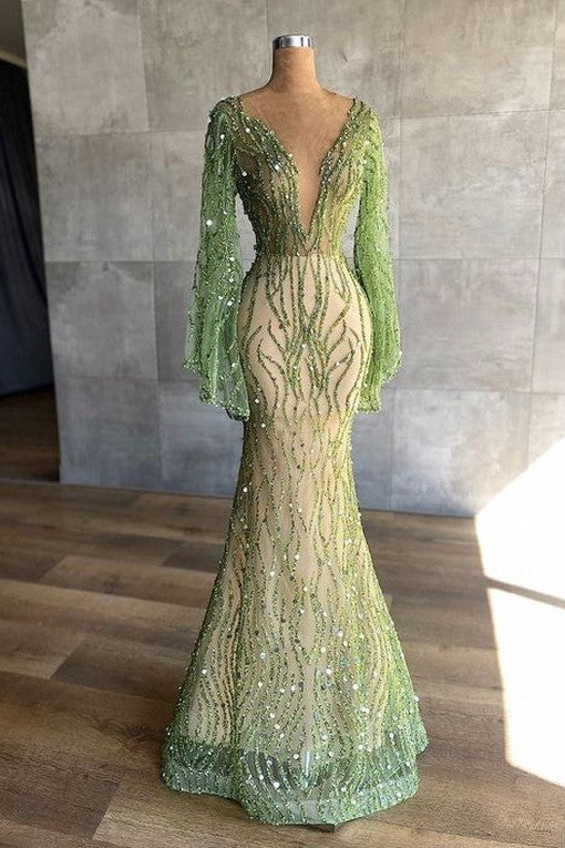 edgynewlook Charming Green Mermaid Beaded Prom Dress Long Sleeves With Sequins