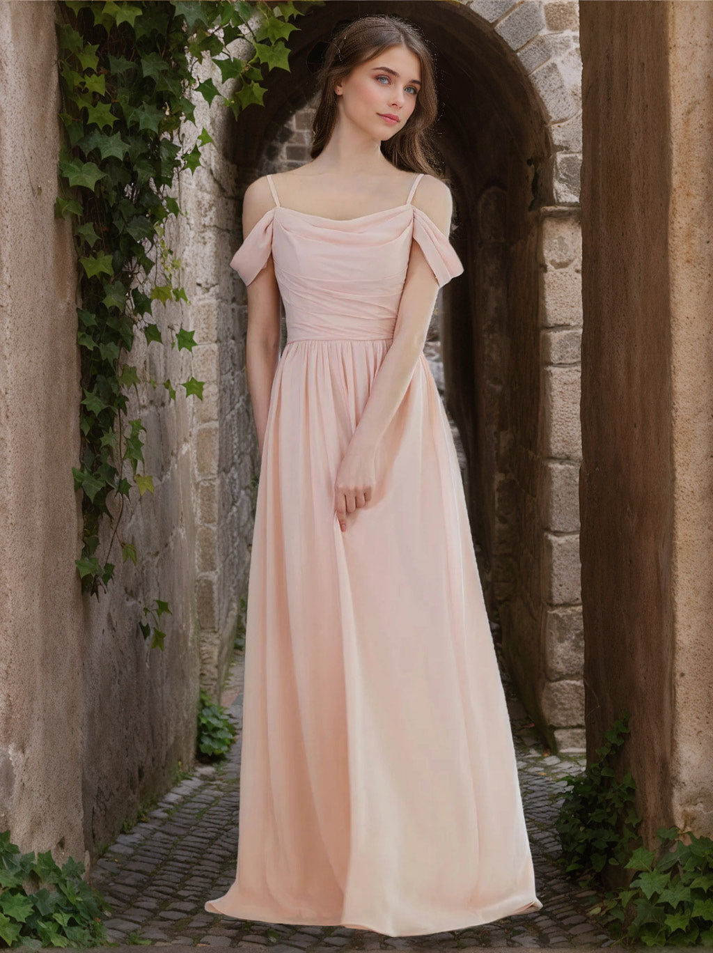 A-Line/Princess Spaghetti Straps Sleeveless Floor-Length Chiffon Bridesmaid Dresses with Ruffles