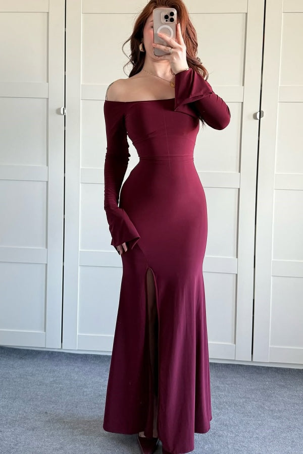 Burgundy Slim Fit Off-The-Shoulder Long Sleeves Prom Dress With Split ZT0490