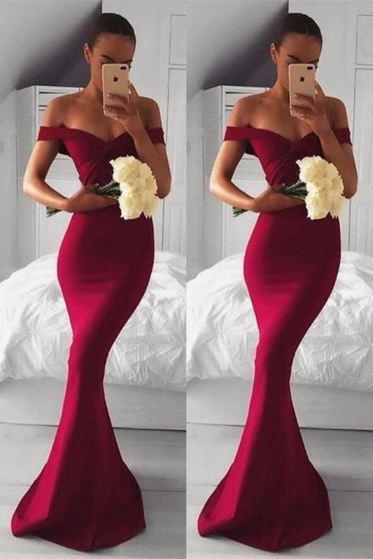 Off-the-Shoulder Burgundy Mermaid Prom Dress PD0162