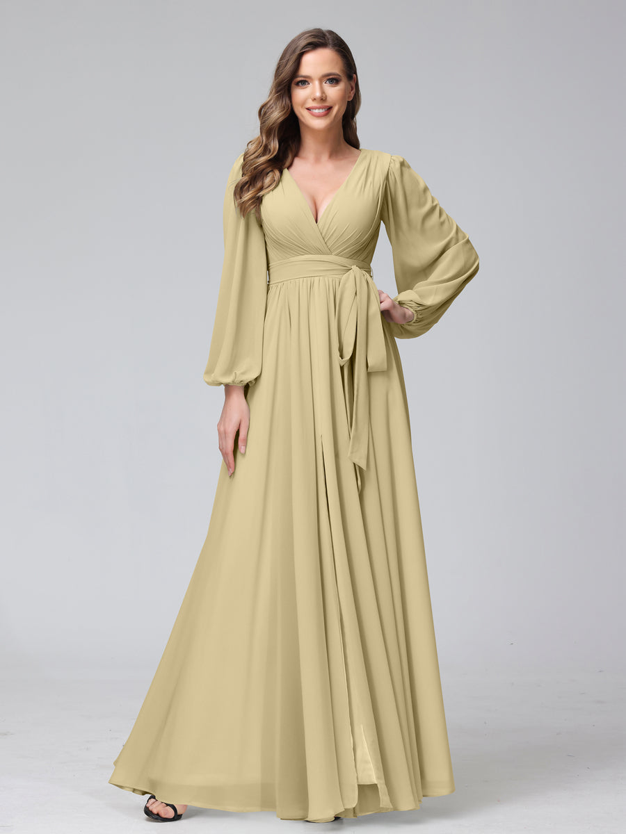 A-Line V-Neck Long Sleeves Chiffon Long Bridesmaid Dresses With Ruffles Split Side