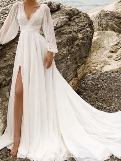 A-Line/Princess V-Neck Floor-Length Wedding Dress With Split Side