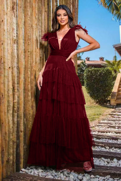 Peacock Straps Deep V-Neck Tulle Prom Dress With Feathers Layered ED0387