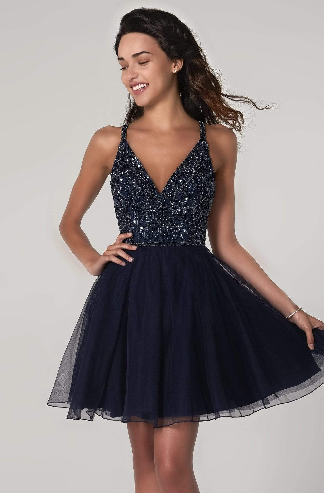 V-Neck Sequined Bodice Short A-Line Dress gh823