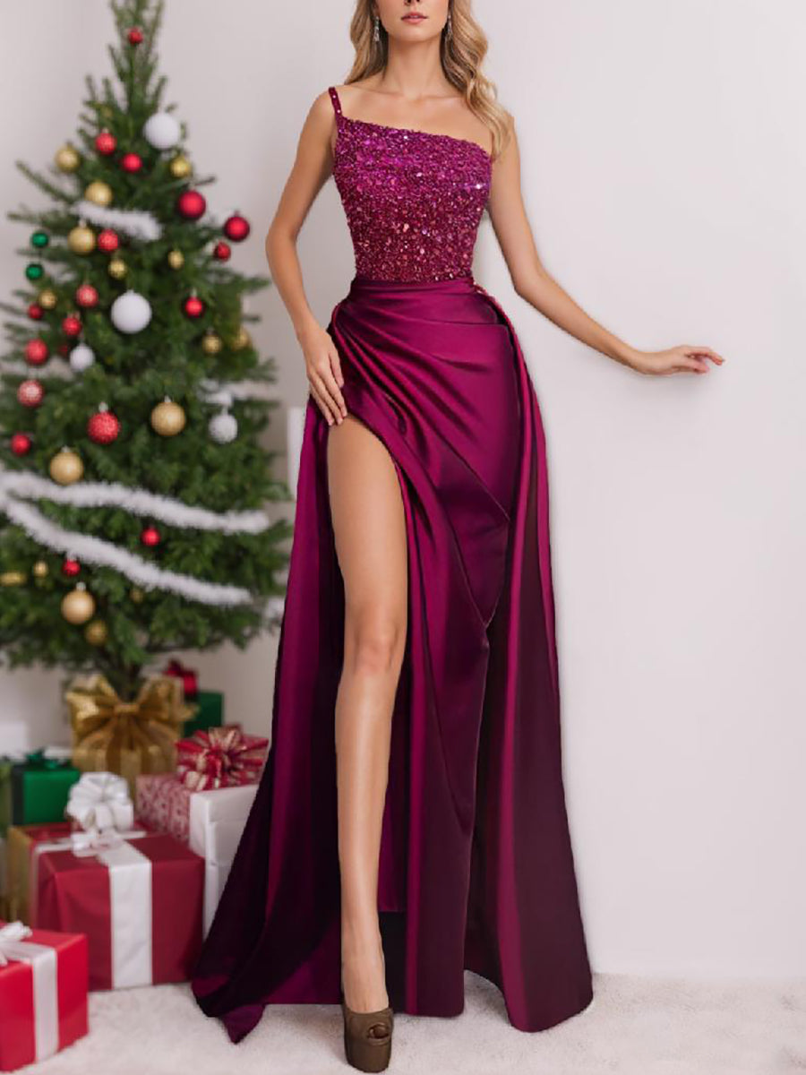 Sparkly Fuchsia Floor Length Evening Gown with Split