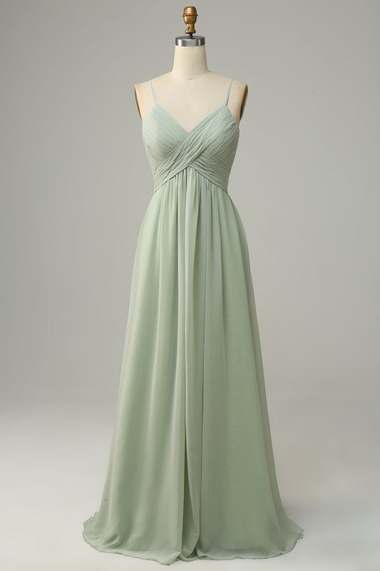 Spaghetti Straps Sleeveless Dusty Sage Bridesmaid Dress