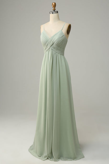 Spaghetti Straps Sleeveless Dusty Sage Bridesmaid Dress