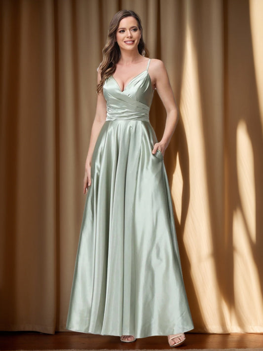 A-Line/Princess V-Neck Sleeveless Ankle-Length Silk Satin Bridemaid Dresses with Pockets & Split Side