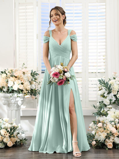 A-Line/Princess V-Neck Floor-Length Chiffon Bridesmaid Dresses with Split Side & Ruched