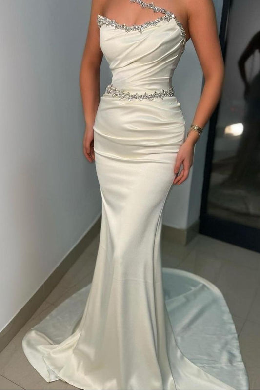 edgynewlook Glamorous Satin Ivory Sleeveless One Shoulder Long Mermaid Prom Dress with Rhinestone