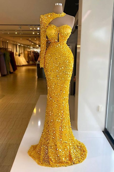 Yellow Halter One Shoulder Long Sleeve Mermaid Prom Dress With Sequins PD0614