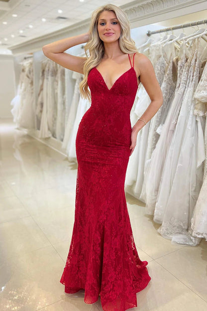 Elsa| Red Lace V Neck Mermaid Prom Dress