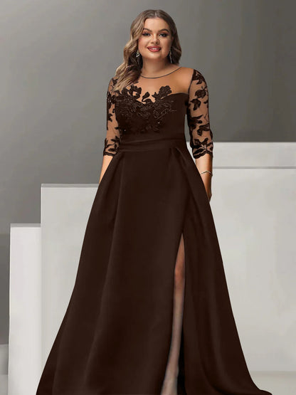 A-Line/Princess Sweetheart 3/4 Sleeves Floor-Length Plus Size Mother Of The Bride Dresses With Lace & Split Side