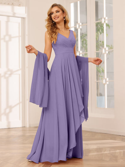 A-Line/Princess V-Neck Sleeveless Floor-Length Asymmetrical Bridesmaid Dresses with Ruffles