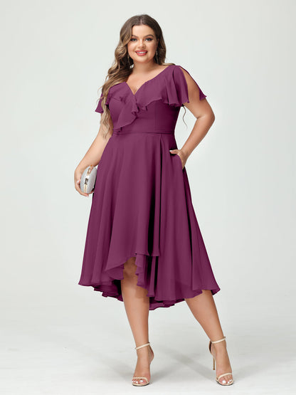 A-Line/Princess V-Neck Short Sleeves Chiffon High-Low Plus Size Bridesmaid Dresses with Pockets & Ruffles