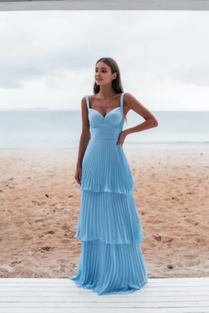 Sky Blue Semi-formal Pleated Layered Long Prom Dress ZT0581