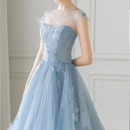 Cute blue tulle short prom dress evening dress  8182