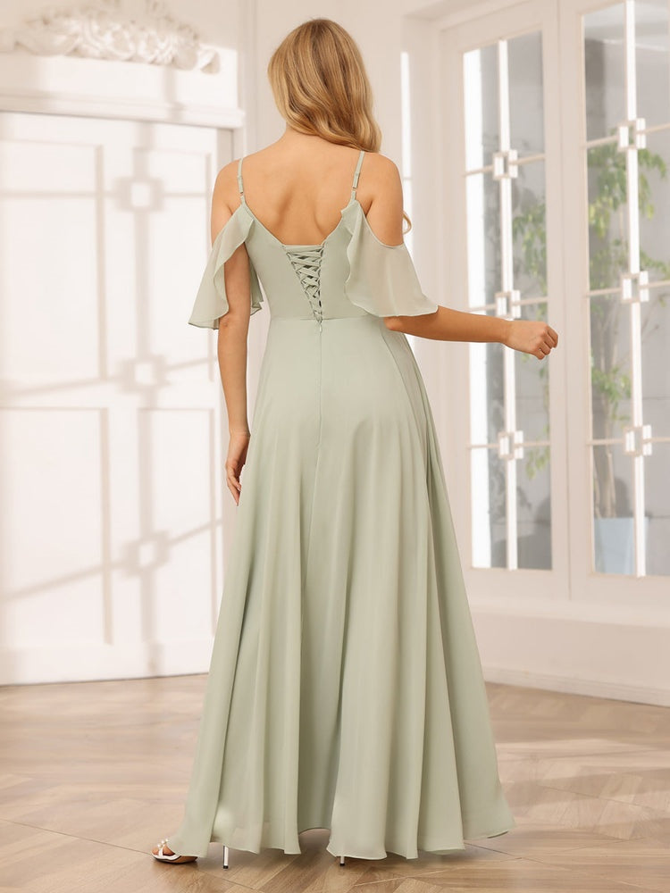 A-Line/Princess Spaghetti Straps V-Neck Floor-Length Bridesmaid Dresses with Split Side