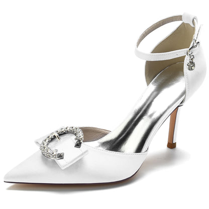 Women's Wedding Shoes High Heel Pointed Toe Buckle Bridal Shoes with Rhinestones & Knot