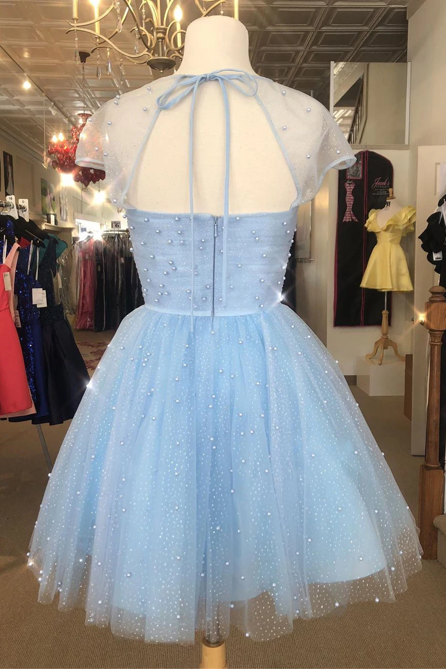 Cute Light Sky Blue Homecoming Dresses with Cap Sleeves gh914