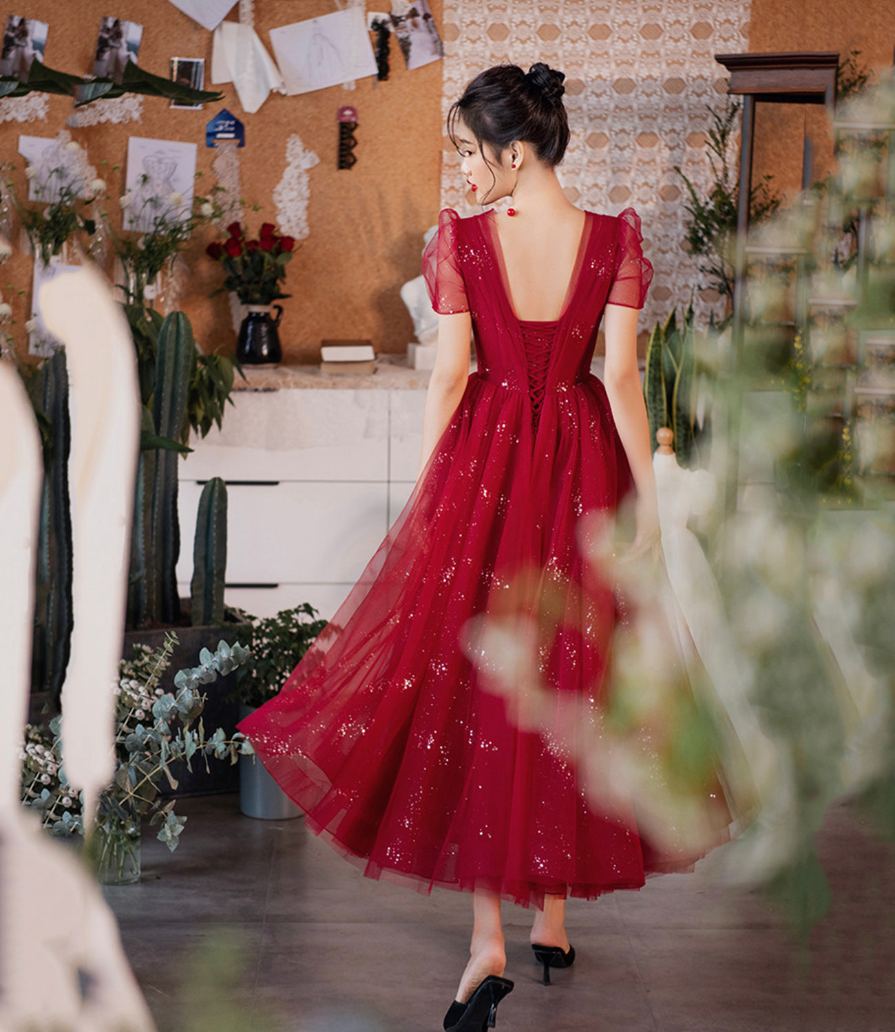 Burgundy tulle short prom dress cocktail dress  8882