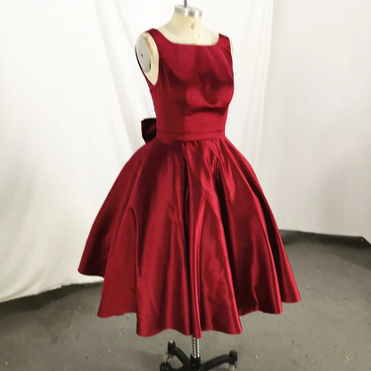 Dark Red Satin Backless Vintage Style Party Dress With Bow, High Quality Handmade Dress  gh509