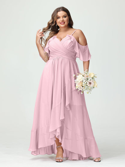 A-Line/Princess/Princess Spaghetti Straps V-Neck Short Sleeves Chiffon Asymmetrical Plus Size Bridesmaid Dresses with Ruffles