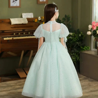 Ball Gown Short Sleeves Floor Length Flower Girl Party Dress with Rhinestone & Bow