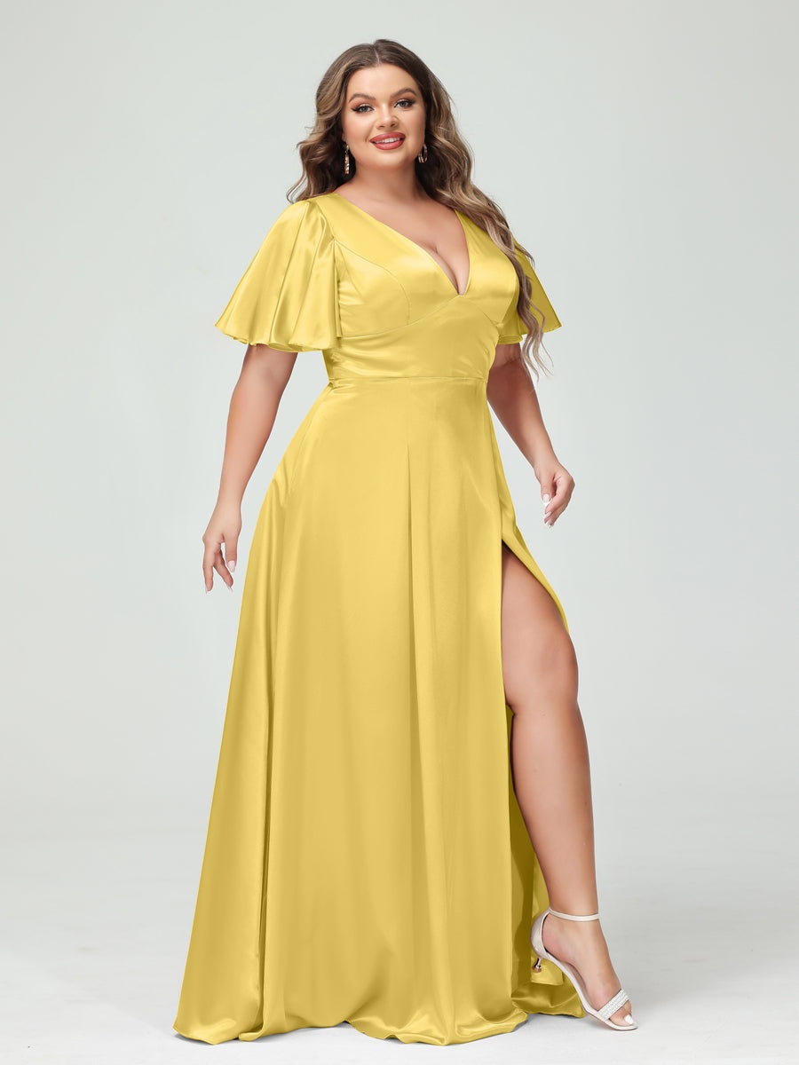 A-Line V-Neck Half Sleeves Silk Satin Plus Size Bridesmaid Dresses with Pockets