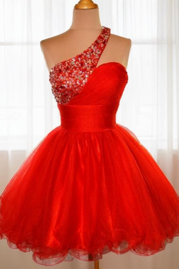 Charming Red One shoulder Homecoming Dress Patchwork Prom Dress HC0045